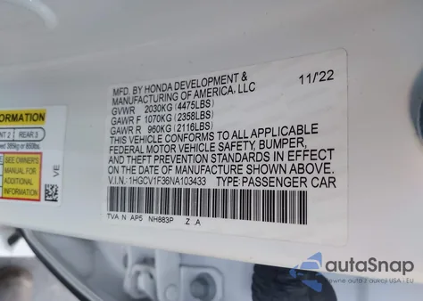 2022 Honda Accord Sport z USA, uszkodzony, nr VIN 1HGCV1F36NA103433